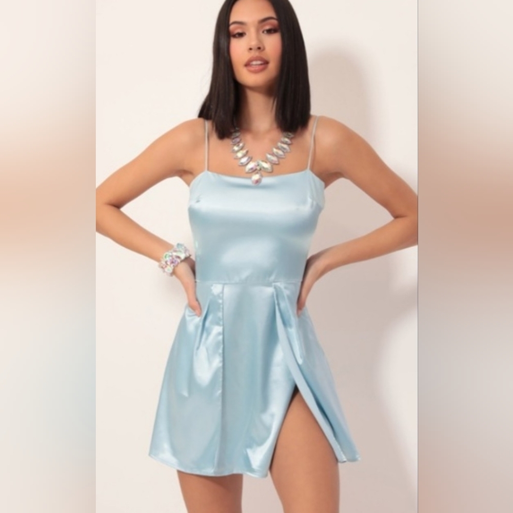 Lucy In The Sky Gala High Slit Satin Light Blue Dress Size Small